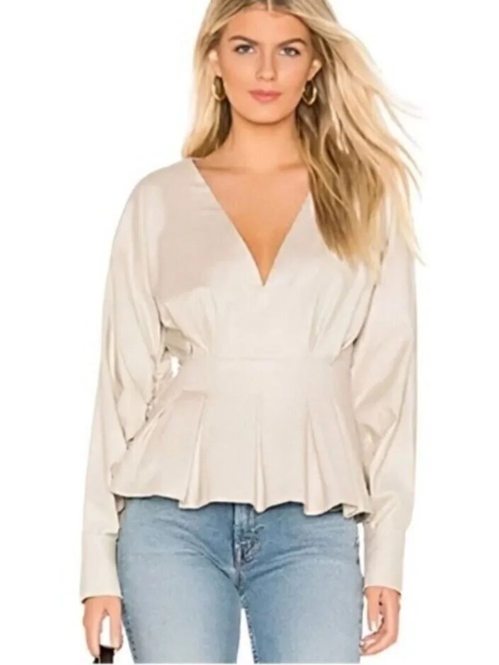 NWT L'Academie The Lorene Blouse in Oatmeal Cream | Size XL